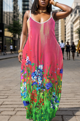 Watermelon Red Floral Print U Neck Backless Spaghetti Strap Floor Length Vacation Baggy Sundress Slip Maxi Dress