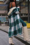 Green Plaid Hooded Longline Shacket Casual Streetwear Oversized Button-Down Maxi Coat Long Sleeve Fall Winter Jacket