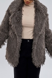Khaki Casual Turndown Collar Long Sleeve Faux Fur Cardigan Jackets