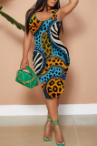 Navy Blue Casual Graphics Print U Neck Sleeveless Vacation Bodycon Midi Tank Dress