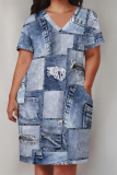 Light Blue Casual Faux Denim Print V Neck Short Sleeve Plus Size Loose Pockets Midi T-Shirt Dress