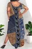 Multicolor Casual African Denim Print U Neck Short Sleeve Side Slit Loose T-Shirt Maxi Dress