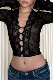 Black V Neck Long Sleeve See-Through Mesh Lace Cardigan Crop Tops
