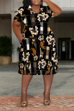 Black Casual Graphcis Print V Neck Short Sleeve Plus Size Loose Pockets Midi T-Shirt Dress