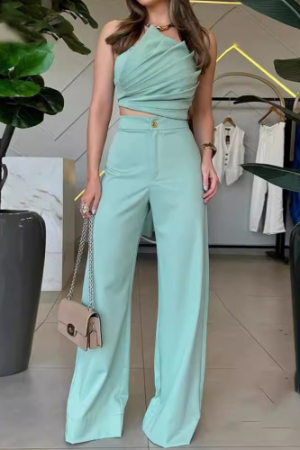 Green Strapless Sleeveless Irregular Ruched Tube Crop Tops And Wide Leg Pants Formal Office Lady Two Pieces Trouser Sets