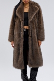 Brown Casual Turndown Collar Long Sleeve Cardigan Faux Fox Fur Long Coat