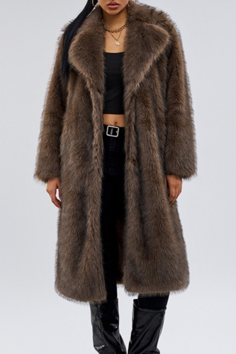 Brown Casual Turndown Collar Long Sleeve Cardigan Faux Fox Fur Long Coat