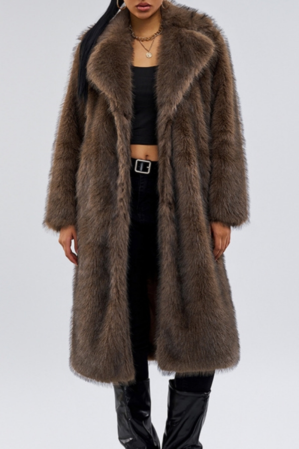 Brown Casual Turndown Collar Long Sleeve Cardigan Faux Fox Fur Long Coat