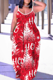 Leopard Christmas Graphcis Print U Neck Backless Spaghetti Strap Floor Length Vacation Baggy Sundress Slip Maxi Dress