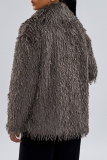 Khaki Casual Turndown Collar Long Sleeve Faux Fur Cardigan Jackets