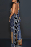 Blue Coffee Street Faux Denim Print Sleeveless Backless Loose Vacation Wide Leg Halter Jumpsuits