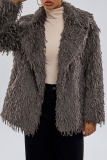 Khaki Casual Turndown Collar Long Sleeve Faux Fur Cardigan Jackets
