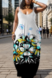 Watermelon Red Floral Print U Neck Backless Spaghetti Strap Floor Length Vacation Baggy Sundress Slip Maxi Dress