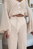 Apricot Casual V Neck Lantern Sleeve Hollow Out Buckle Knitted Crop Sweater And Wide Leg Pants Two Pieces Trouser Sets