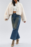 White Casual Long Sleeve Cardigan Faux Mink Fur Crop Jacket