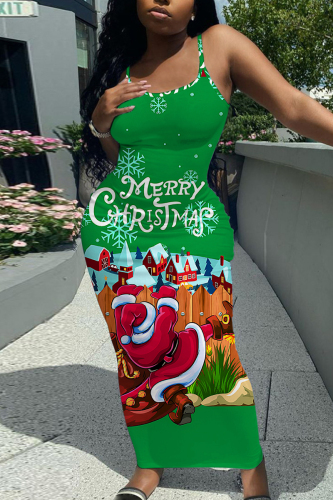 Red Casual Graphcis Print Sleeveless Backless Spaghetti Strap Long Bodycon Maxi Slip Dress
