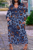 Khaki Casual African Graphcis Print V Neck Long Sleeve Pokcets Vacation Loose Straight Fall Winter Maxi Dress