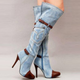 Casual High-Heel Belted Over-the-Knee Denim Boots