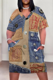 Light Blue Casual Faux Denim Print V Neck Short Sleeve Plus Size Loose Pockets Midi T-Shirt Dress