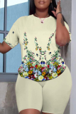 Yellow Casual Floral Butterfly Print O Neck Short Sleeve Oversize T Shirt And Shorts Set Sportwear Plus Size Two Piece Matching Set