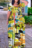 Black Orange Casual Graphics Print O Neck Short Sleeve Straignt T Shirt Maxi Dresses