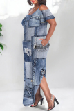 Multicolor Casual African Denim Print U Neck Short Sleeve Side Slit Loose T-Shirt Maxi Dress