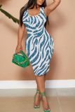 Navy Blue Casual Graphics Print U Neck Sleeveless Vacation Bodycon Midi Tank Dress