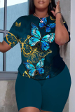 Yellow Casual Floral Butterfly Print O Neck Short Sleeve Oversize T Shirt And Shorts Set Sportwear Plus Size Two Piece Matching Set