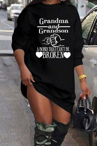 Black Casual Letters Sllogan Print Patchwork Round Neck Long Sleeve Straight T-shirt Midi Dresses