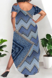 Multicolor Casual African Denim Print U Neck Short Sleeve Side Slit Loose T-Shirt Maxi Dress