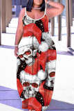 Leopard Christmas Graphcis Print U Neck Backless Spaghetti Strap Floor Length Vacation Baggy Sundress Slip Maxi Dress