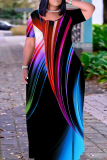 Black Orange Casual Graphics Print O Neck Short Sleeve Straignt T Shirt Maxi Dresses