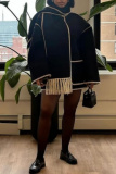 Black White Fringe Trim Long Sleeve Woolen Coat Contrast Stitching High Neck Winter Oversized Outerwear