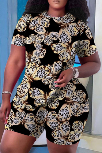 Orange Casual Butterfly Print O Neck Short Sleeve Oversize T Shirt And Shorts Set Sportwear Plus Size Two Piece Matching Set