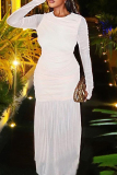 White O Neck Long Sleeve Mesh Patchwork Floor Length See-Through Long Formal Evening Party Ruched Bodycon Maxi Dress
