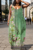 Watermelon Red Floral Print U Neck Backless Spaghetti Strap Floor Length Vacation Baggy Sundress Slip Maxi Dress