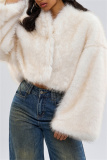 White Casual Long Sleeve Cardigan Faux Mink Fur Crop Jacket