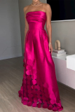 Rose Red Sleeveless Strapless Round Satin Evening Gown Formal Prom Party Ruched Tube Maxi Dresses