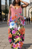 Watermelon Red Floral Print U Neck Backless Spaghetti Strap Floor Length Vacation Baggy Sundress Slip Maxi Dress