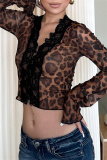 Black V Neck Long Sleeve See-Through Mesh Lace Cardigan Crop Tops