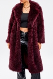 Claret Casual Turndown Collar Long Sleeve Longline Cardigan Wool Fur Coat