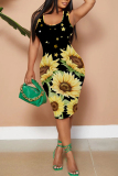Navy Blue Casual Graphics Print U Neck Sleeveless Vacation Bodycon Midi Tank Dress
