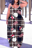 Leopard Christmas Graphcis Print U Neck Backless Spaghetti Strap Floor Length Vacation Baggy Sundress Slip Maxi Dress
