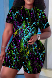 Rose Red Casual Floral Print O Neck Short Sleeve Oversize T Shirt And Shorts Set Sportwear Plus Size Two Piece Matching Set