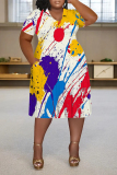 Black Casual Graphcis Print V Neck Short Sleeve Plus Size Loose Pockets Midi T-Shirt Dress