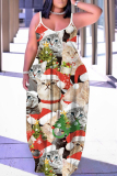 Leopard Christmas Graphcis Print U Neck Backless Spaghetti Strap Floor Length Vacation Baggy Sundress Slip Maxi Dress