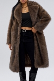 Brown Casual Turndown Collar Long Sleeve Cardigan Faux Fox Fur Long Coat