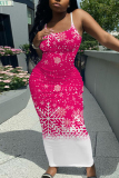 Red Casual Graphcis Print Sleeveless Backless Spaghetti Strap Long Bodycon Maxi Slip Dress