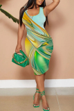 Navy Blue Casual Graphics Print U Neck Sleeveless Vacation Bodycon Midi Tank Dress