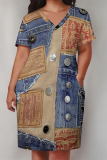 Light Blue Casual Faux Denim Print V Neck Short Sleeve Plus Size Loose Pockets Midi T-Shirt Dress